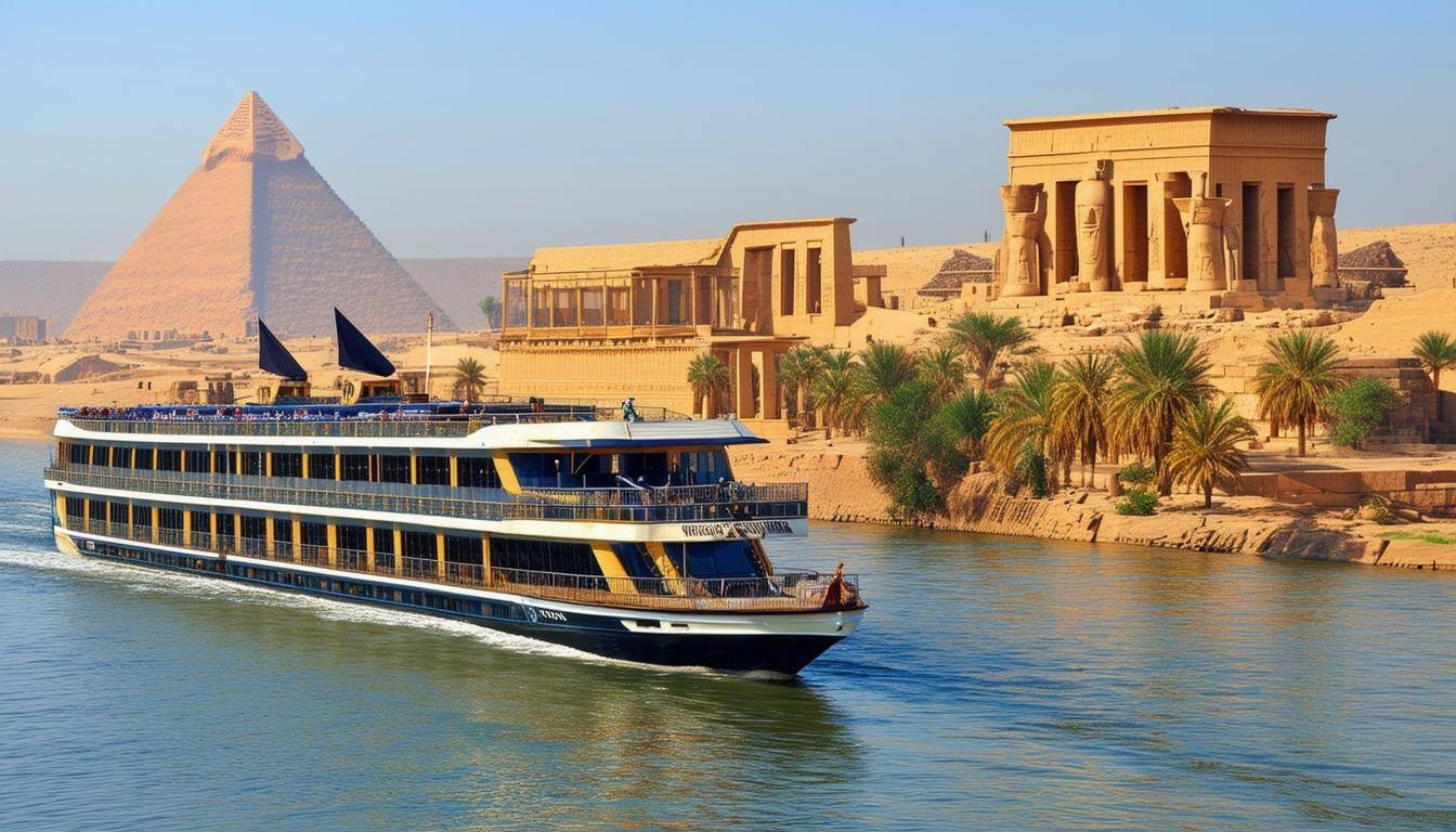The image is of a cruise ship on the Nile River in Egypt, passing by ancient temples and monuments